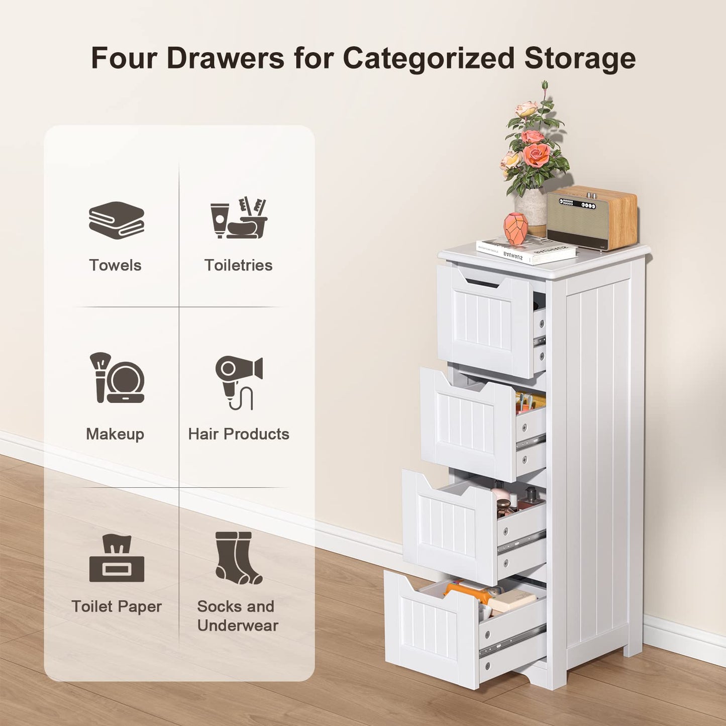 Gizoon 33" Freestanding Small Bathroom Storage Cabinet with 4 Drawers in White - WoodArtSupply