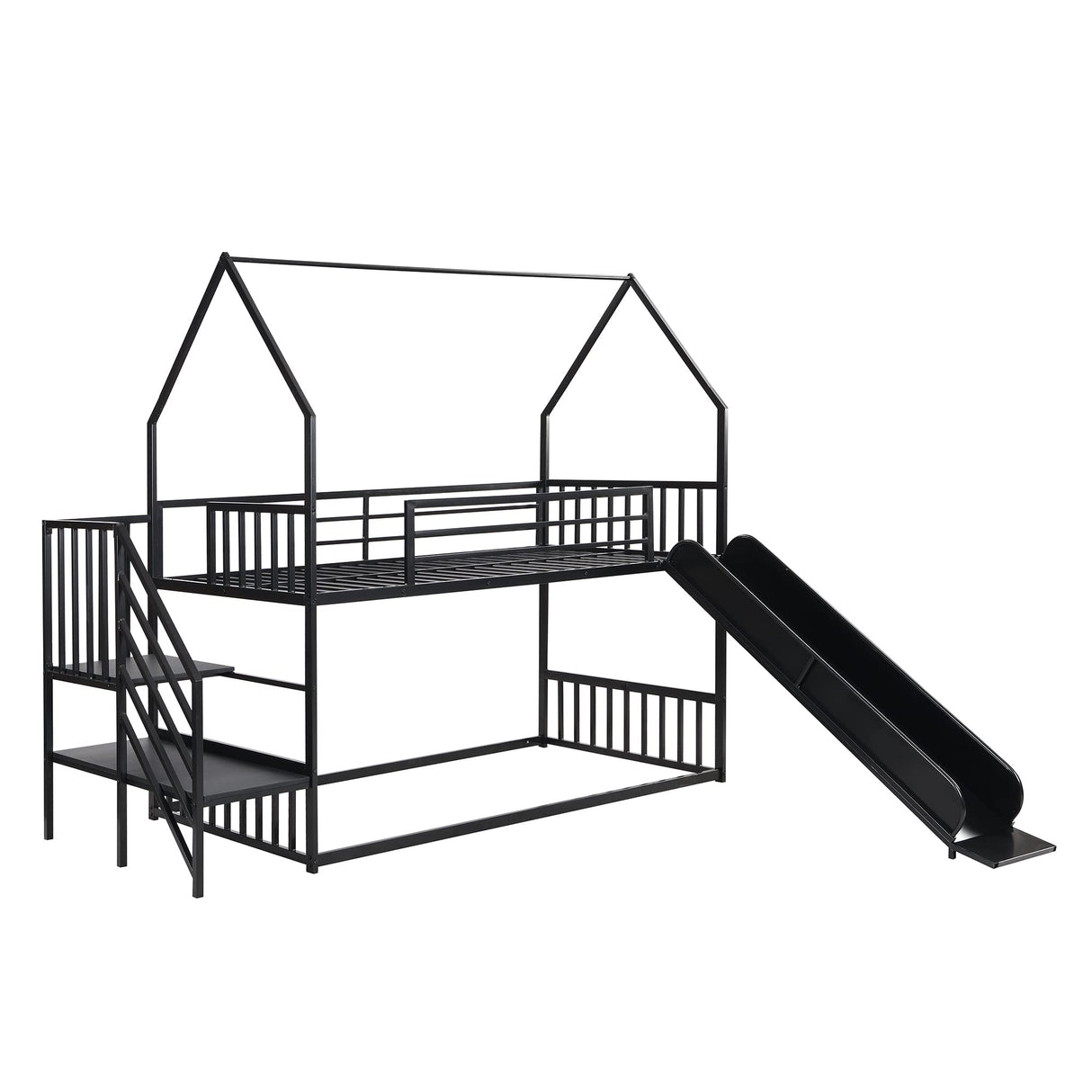 Merax Twin Over Twin Metal Bunk Bed, House Bed with Slide and Staircase, Black Merax