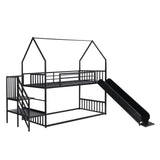 Merax Twin Over Twin Metal Bunk Bed, House Bed with Slide and Staircase, Black Merax