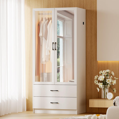 Lvifur 71" Armoire Wardrobe Closet with Auto Sensor LED,3-Color Dimmable LED Armoire with Full Length Mirror,Armoire Storage Cabinet with Acrylic Door,4-Tier Adjustable Shelf,2 Drawers Lvifur