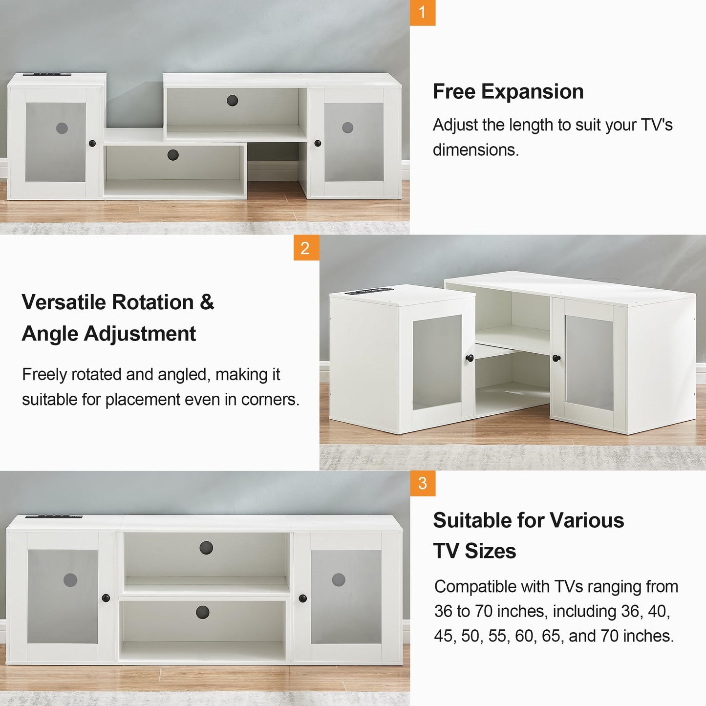 VECELO LED TV Stand for Televisions up to 70 Inchs Media Console with 23 Flashing Options and 4 Customizable Modes for Living Room, Bedroom, White