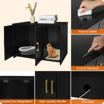 Dwanton Litter Box Enclosure, Cat Litter Box Furniture Hidden, with Scratching Mat, Wooden Cat Washroom Indoor, Fit Most of Litter Box, 31.5" L x 19.7" W x 21.7" H, Black