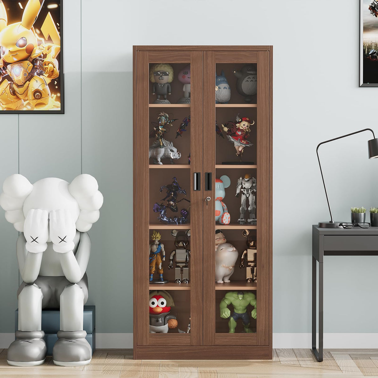 Anxxsu Display Cabinet with Glass Doors, Display Case Cabinet for Collectibles, Curio Display Cabinet with 4 Adjustable Shelves, 71" Glass Display Cabinet for Home Living Room (Wood Color) Anxxsu