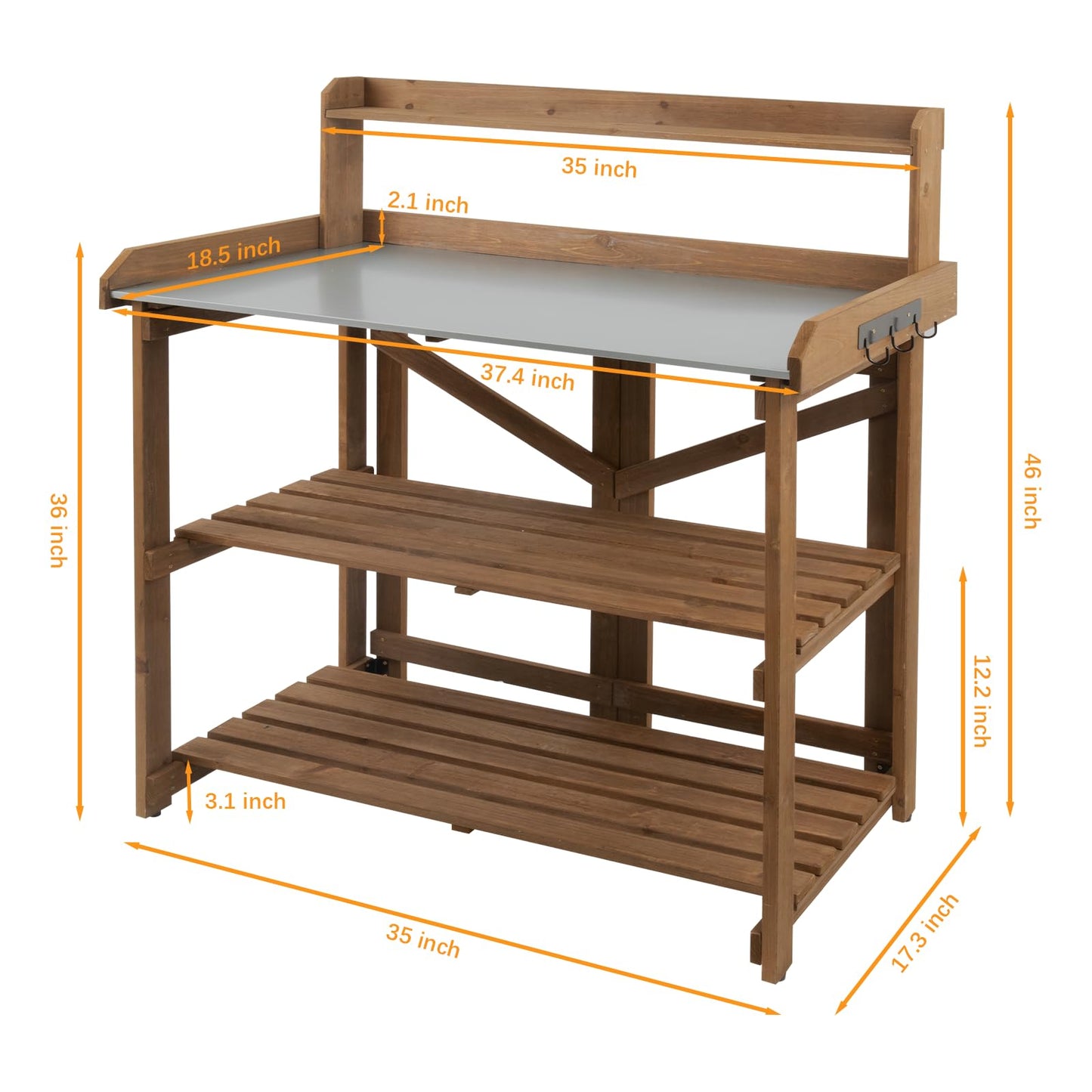 Ketive Folding Potting Bench Table,Outdoor Potting Bench Garden Wooden Potting Table,Fir Wood Workstation Planting Table with Galvanized Tabletop,2 Tier Storage Shelves,Top Shelf(Brown) - WoodArtSupply