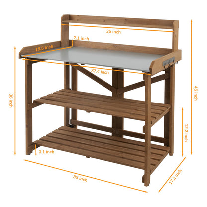 Ketive Folding Potting Bench Table,Outdoor Potting Bench Garden Wooden Potting Table,Fir Wood Workstation Planting Table with Galvanized Tabletop,2 Tier Storage Shelves,Top Shelf(Brown) - WoodArtSupply