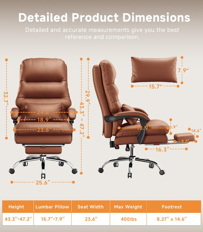 Ylzyxal Office Chair, Big and Tall Office Desk Chair, Ergonomic Office Chair, 400LBS PU Leather Computer Chairs, Executive Office Chair with Foot Rest and Lumbar Pillow (Bright Brown)