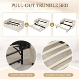 Twin Size Daybed with Pop Up Trundle Bed,Velvet Twin to King Size Day Bed Frame with USB Ports&Side Pockets,Extendable Upholstered Wooden Sofa Bed for Bedroom,Living Room,No Box Spring Needed,Beige JEEOHEY