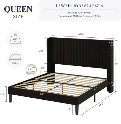 Allewie Queen Size Black Velvet Bed Frame with Wingback Headboard and Wooden Slats - WoodArtSupply