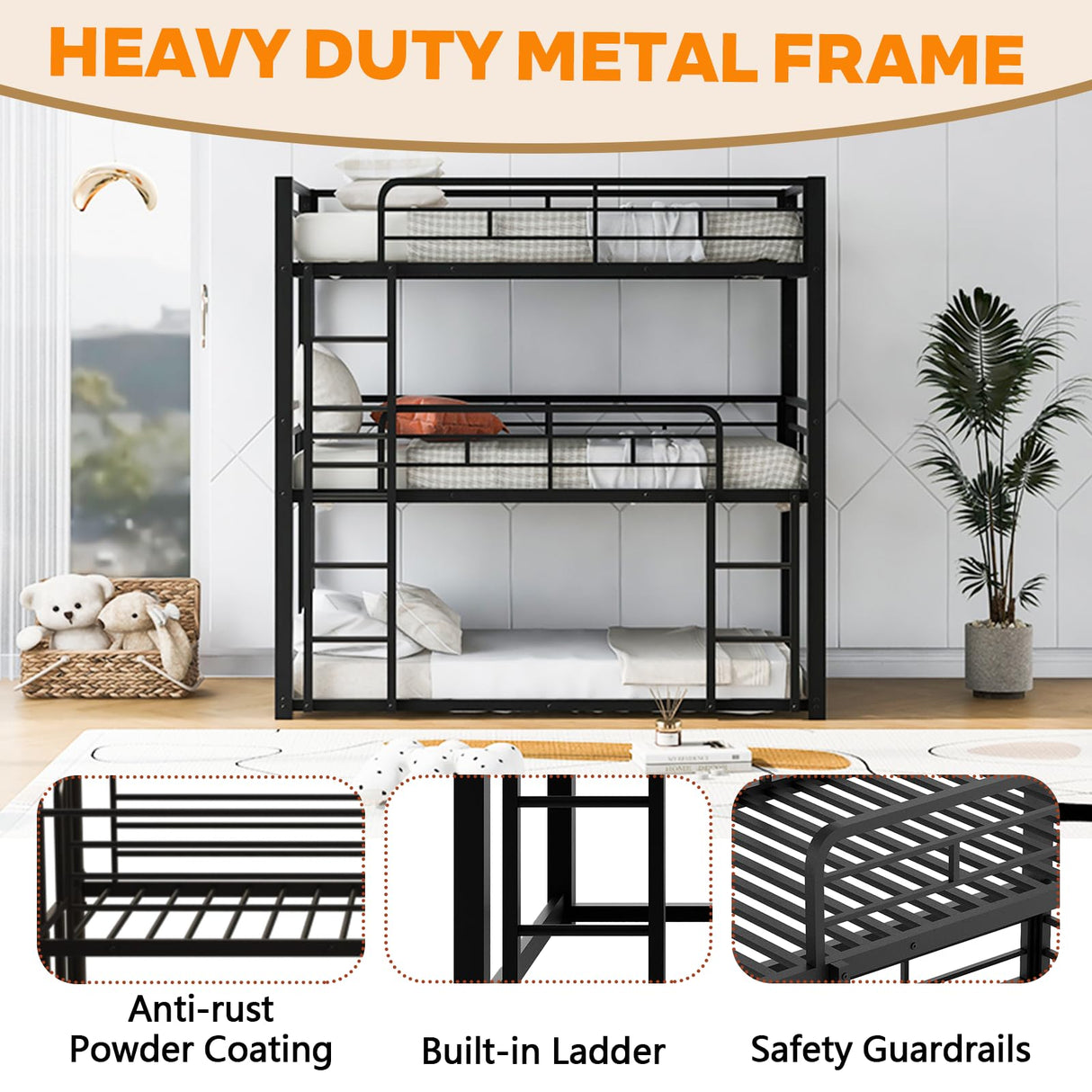 Bunk Beds, Metal Bunk Bed, Triple Bunk Bed for Kids,Teens, Adults, Girls, Boys, Detachable BunkBed Can Be Divided into 3 Twin Beds,No Box Spring Need (Black) Anwick