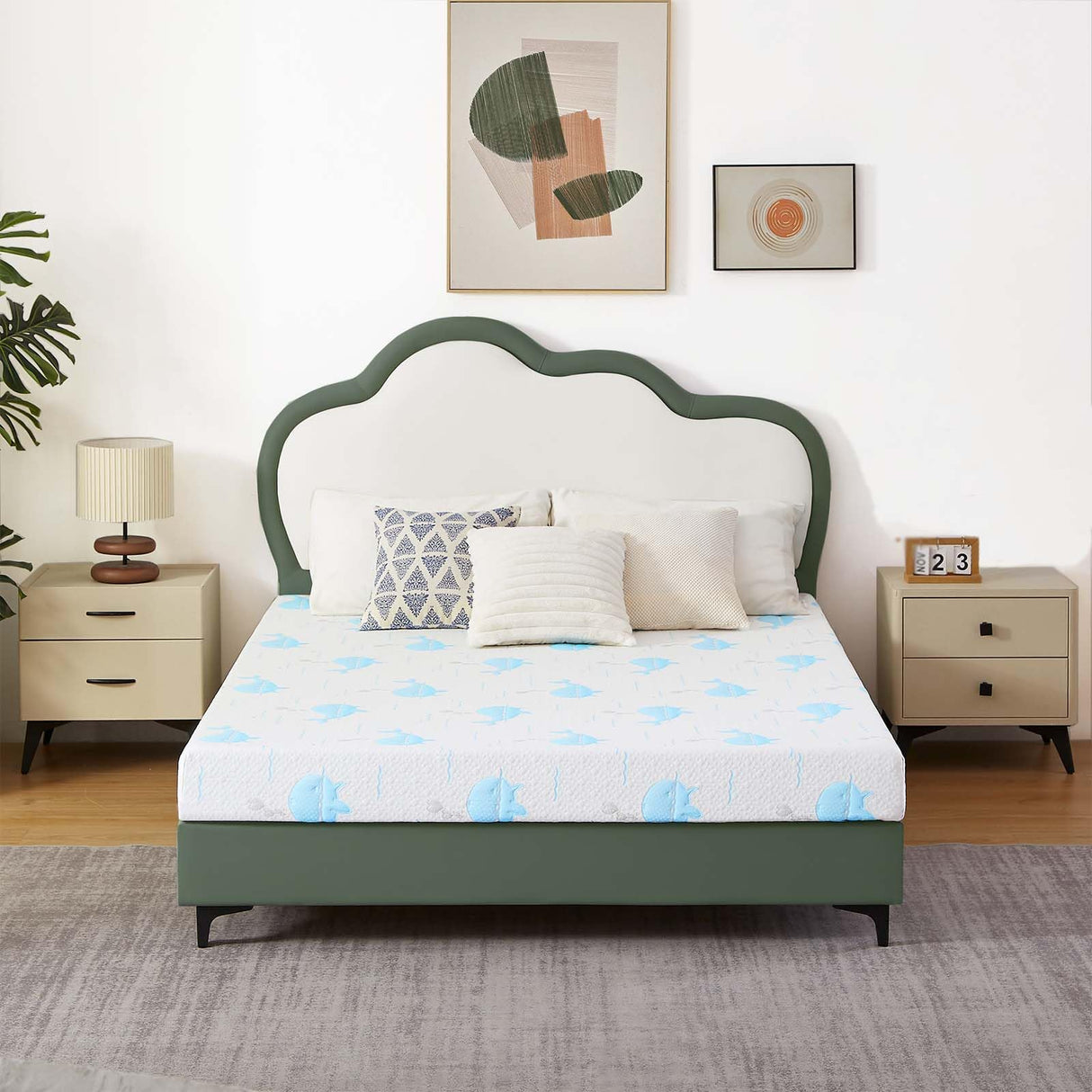 OUUI 6 Inch Full Mattress, Removable Washable Cover with Whales Pattern Cooling Memory Foam Medium Feel, Bed-in-a-Box, CertiPUR-US Certified, White/Blue OUUI