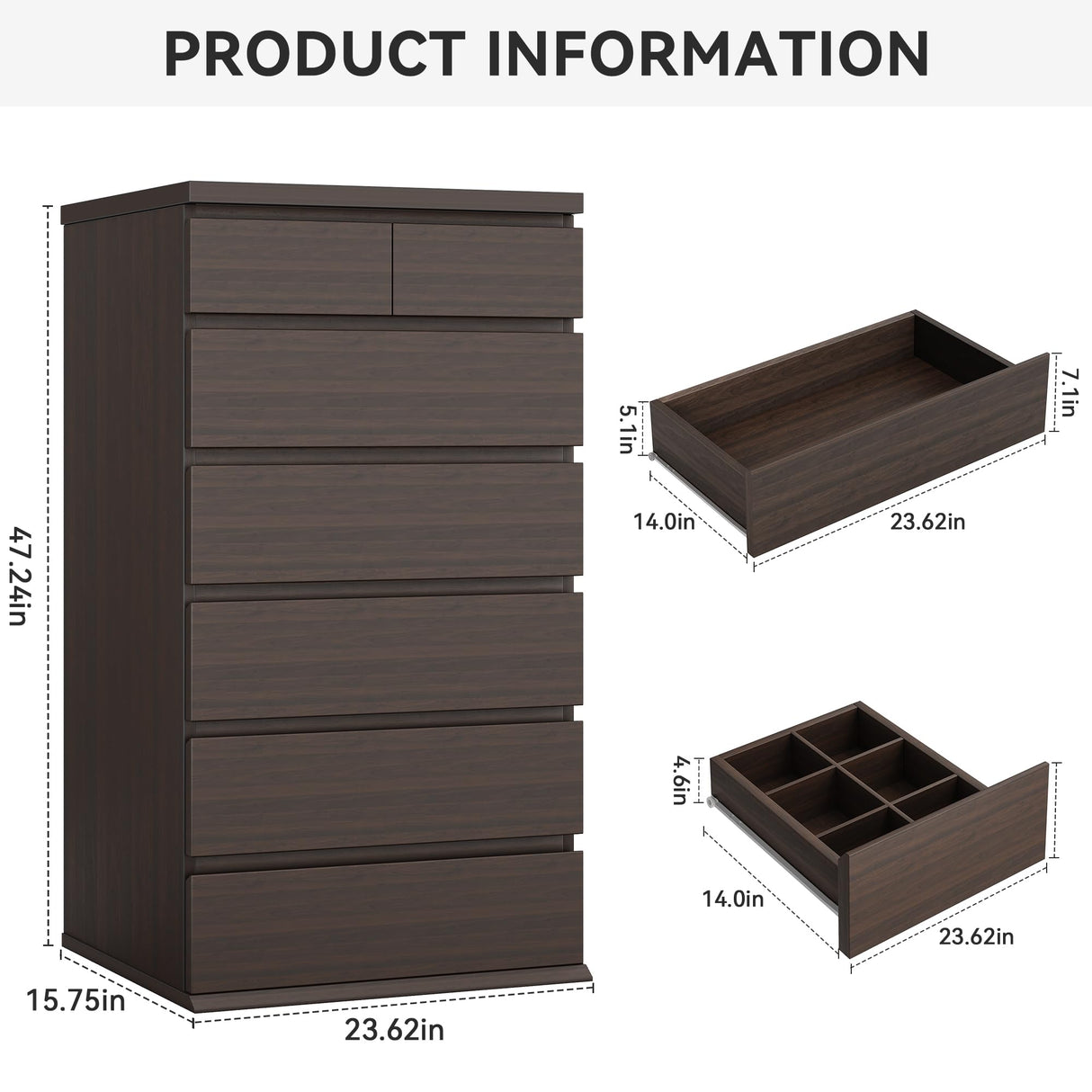 Brown Tall 7 Drawer Dresser for Bedroom, Modern Wood Closet Dressers & Chests of Drawers with Jewelry Storage, 23.6" L*15.8" W*47.5" H in Large Vertical Dresser for Bedroom, Living Room, Nursery Jocoevol