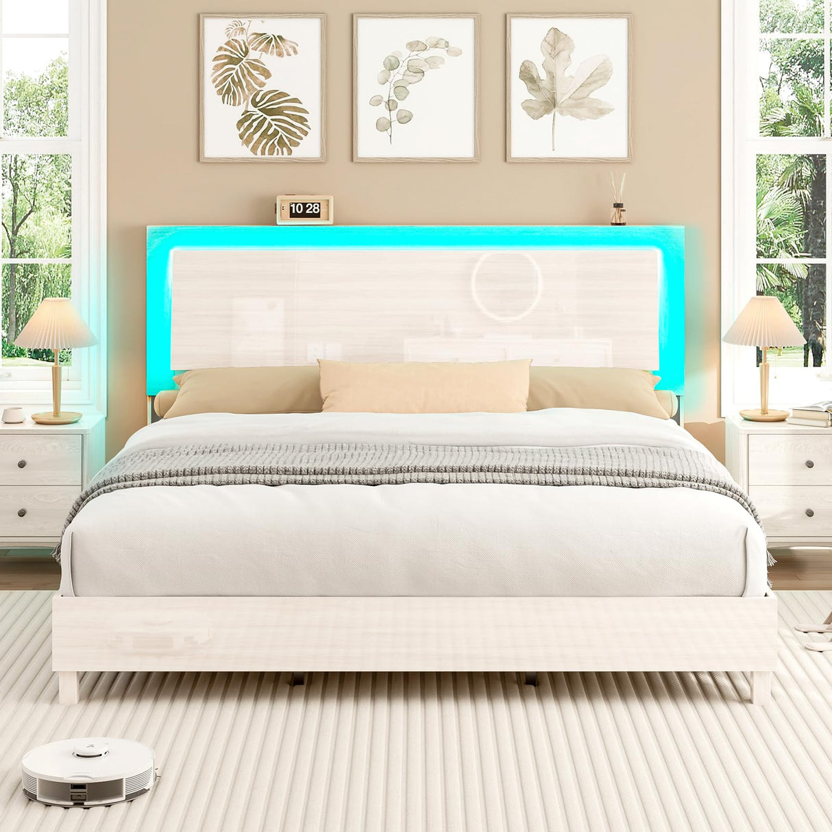 LUXOAK Modern High Gloss King Bed Frame with LED Floating Headboard and Easy Assembly LUXOAK