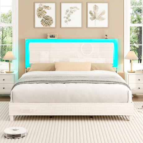 LUXOAK Modern High Gloss King Bed Frame with LED Floating Headboard and Easy Assembly LUXOAK