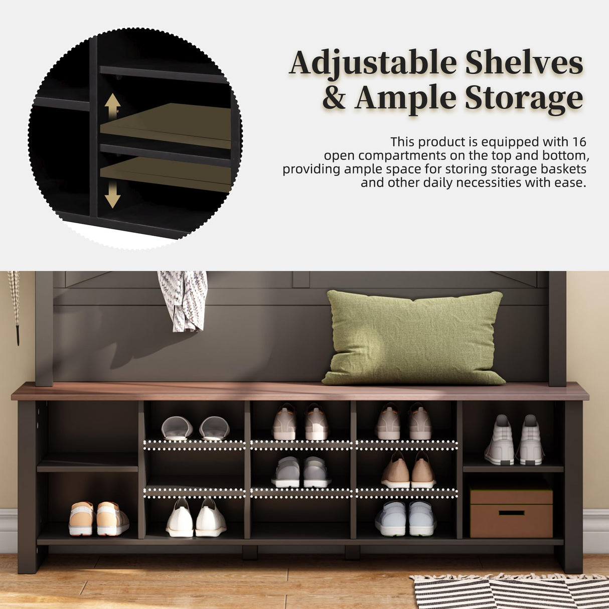 Merax Wood Rustic Hall Tree Entryway Bench with 6 Hooks and Adjustable Shelves, Farmhouse Mudroom Versatile Coat Racks with 16 Open Compartments, Entrance Organizer for Hallway Black Merax