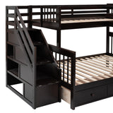 L-Shaped Bunk Bed for 4 Kids, Twin-Twin Over Full with 3 Drawers, Portable Desk and Wardrobe, Solid Wood Bedframe with Stairs and Full-Length Guardrails, No Box Spring Needed (Espresso) BEDGJH