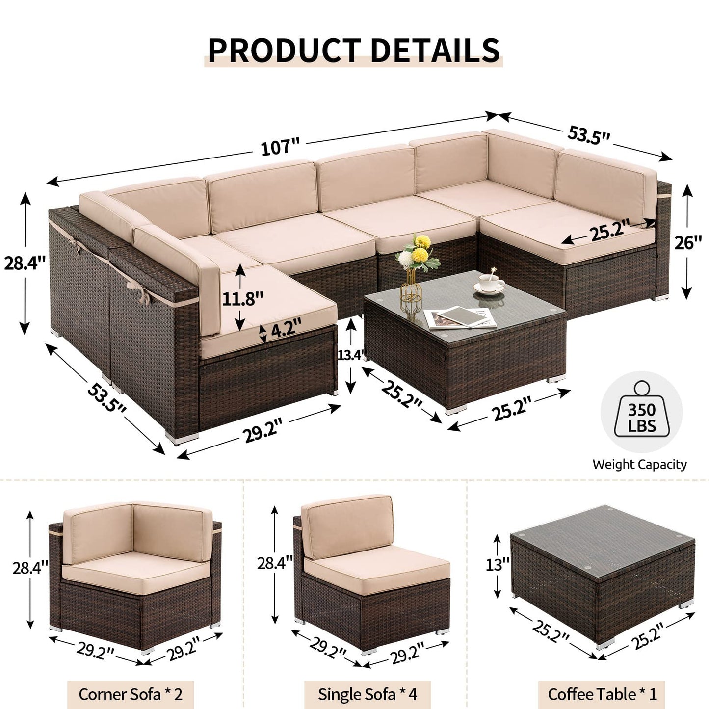 UDPATIO Outdoor Patio Furniture Sets 7 Pieces Outdoor Sectional Furniture, PE Rattan Sofa Wicker Patio Conversation Set with Cover for Deck Balcony Yard Poolside w/Coffee Table Thicken Cushions, Khaki