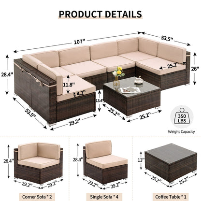 UDPATIO Outdoor Patio Furniture Sets 7 Pieces Outdoor Sectional Furniture, PE Rattan Sofa Wicker Patio Conversation Set with Cover for Deck Balcony Yard Poolside w/Coffee Table Thicken Cushions, Khaki