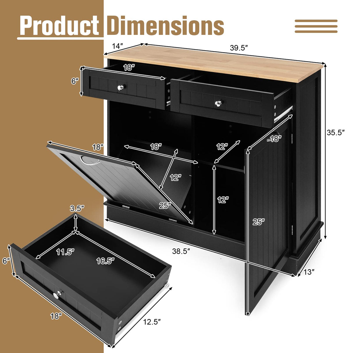 SILKYDRY Tilt-Out Trash Cabinet & Kitchen Island with Adjustable Shelf and Drawers - Black SILKYDRY