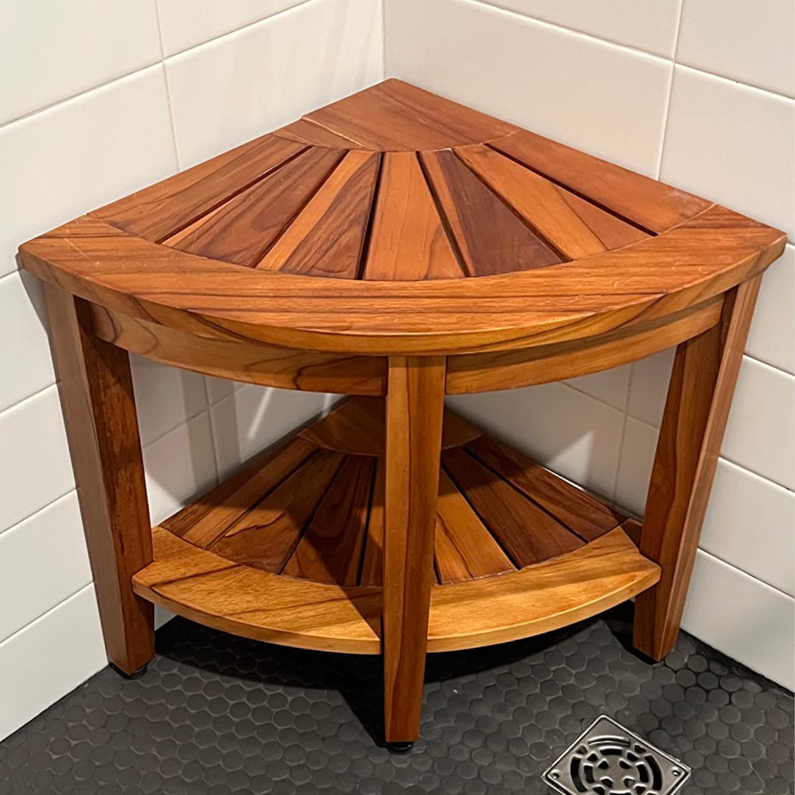 TEAKMAMA Teak Shower Bench 18” Shower Benches for Inside Shower Corner Bench Teak Shower Stool Seat Bathroom Bench with Storage Shelf, Assembly Required - WoodArtSupply