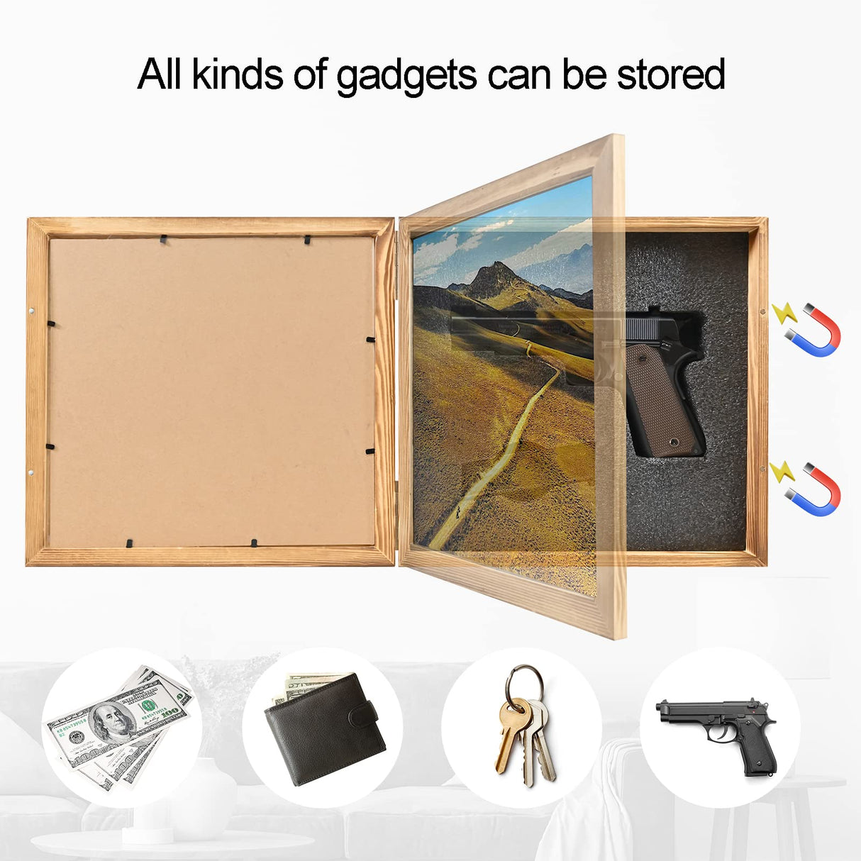 Jingdekiln Hidden Gun Storage Picture Frame Compartment Furniture, Firearm Concealment Shelf Wall Decor, Wooden Pistol Box for Home Jingdekiln