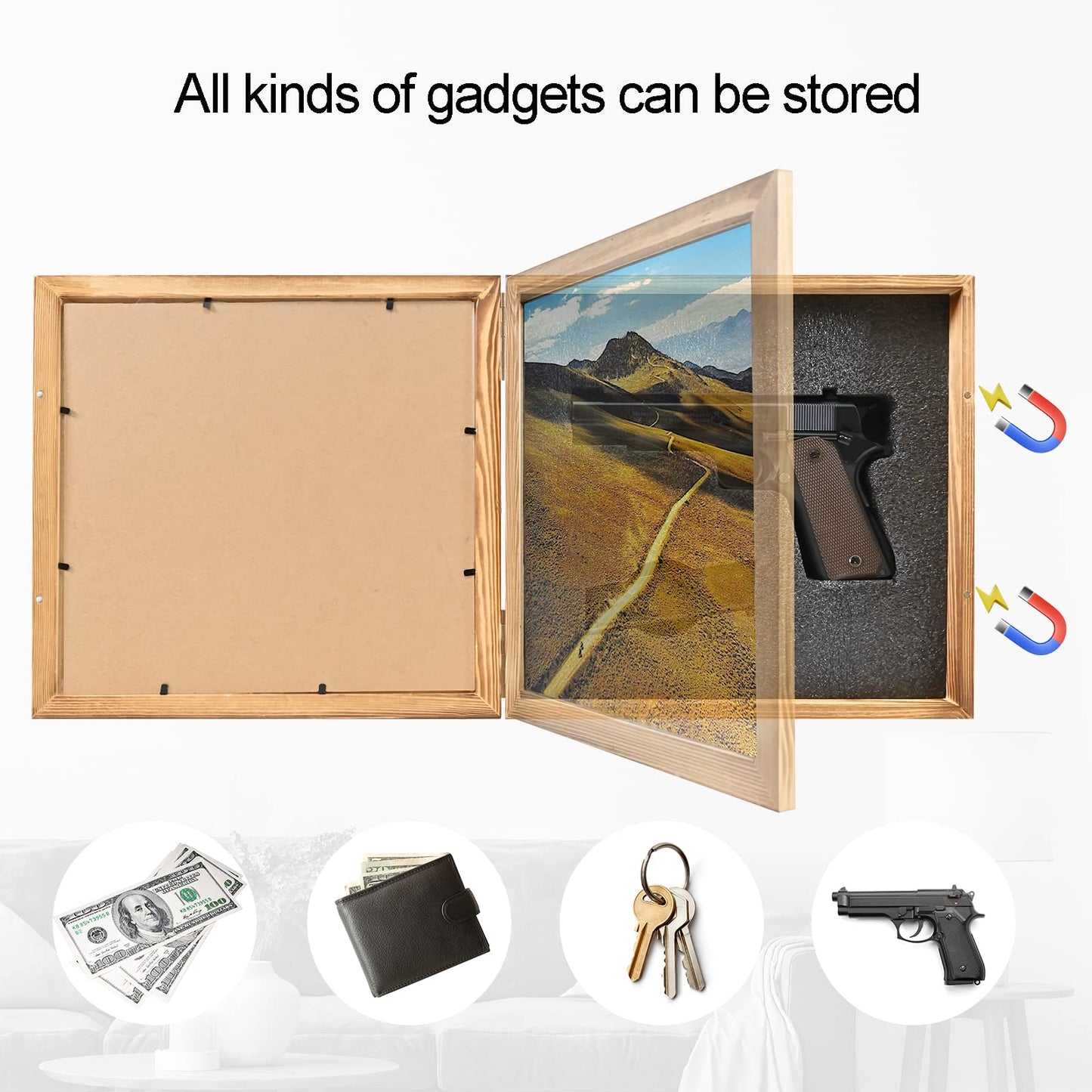 Jingdekiln Hidden Gun Storage Picture Frame Compartment Furniture, Firearm Concealment Shelf Wall Decor, Wooden Pistol Box for Home - WoodArtSupply