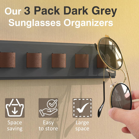 Durmmur 3 Pack Sunglass Organizer, Wall Mounted Sunglasses Organizer, Wooden Glasses Holder Sunglass Holder, Sunglasses Rack for Hanging Your Multiple Eyeglasses, for Wall, Home Decor(Dark Grey) Durmmur