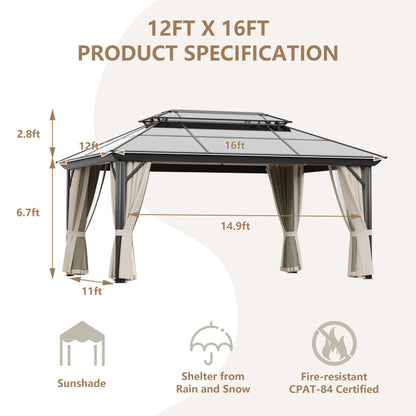 GAZEBEST 12'x16' Hardtop Gazebo Outdoor Polycarbonate Double Roof Patio Gazebo Aluminum Frame Gazebo Canopy with Netting and Curtains,for Garden Patio,Patio Backyard,Deck and Lawns