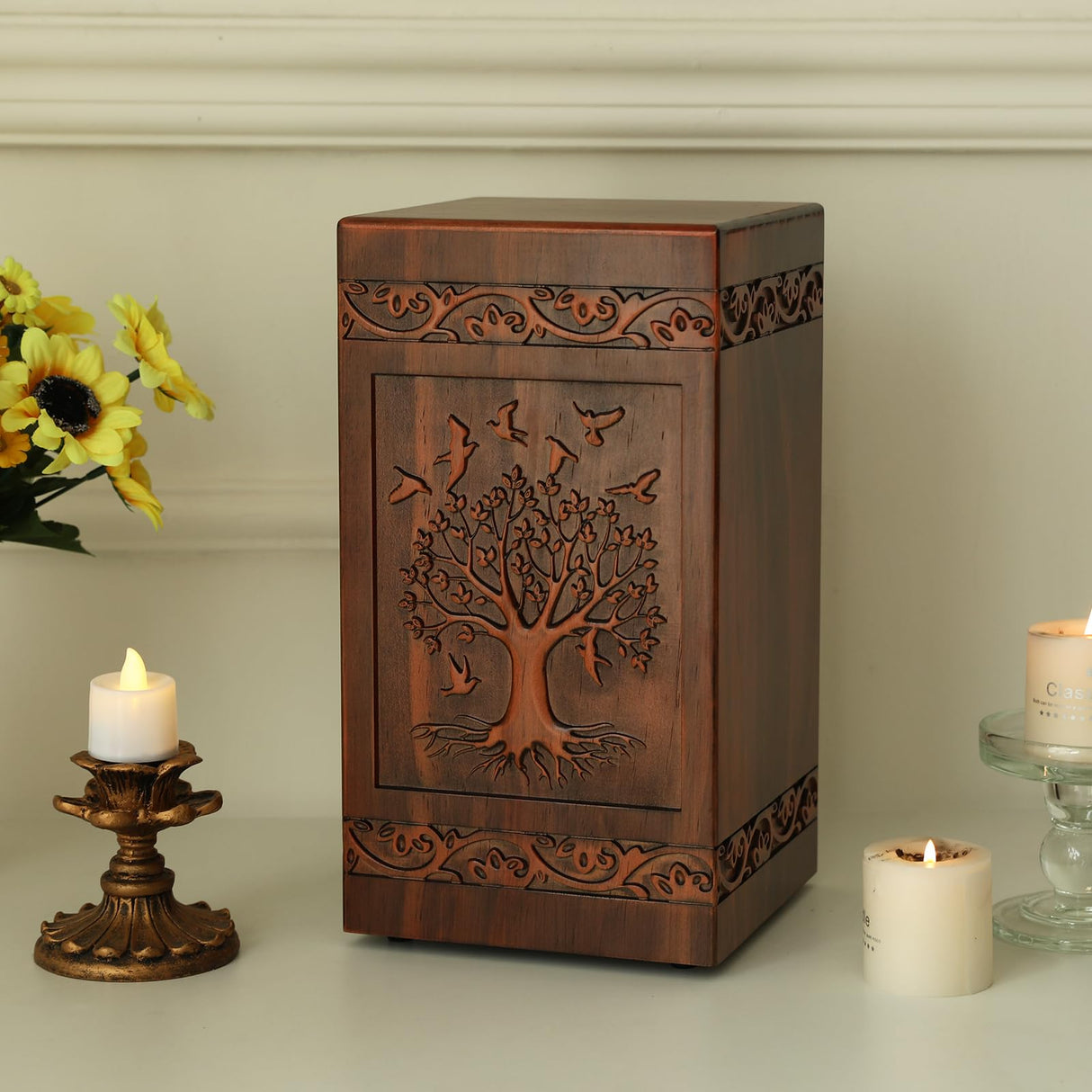 NowDoWin Urn for Ashes Adult Male Female,Cremation Urns for Men Women,Wooden Urns for Human Ashes Adult,Handcrafted Solid Wood Urn with Bag,TSA Approved Urn (Tree of Life, 300LBS Capacity) Nowdowin