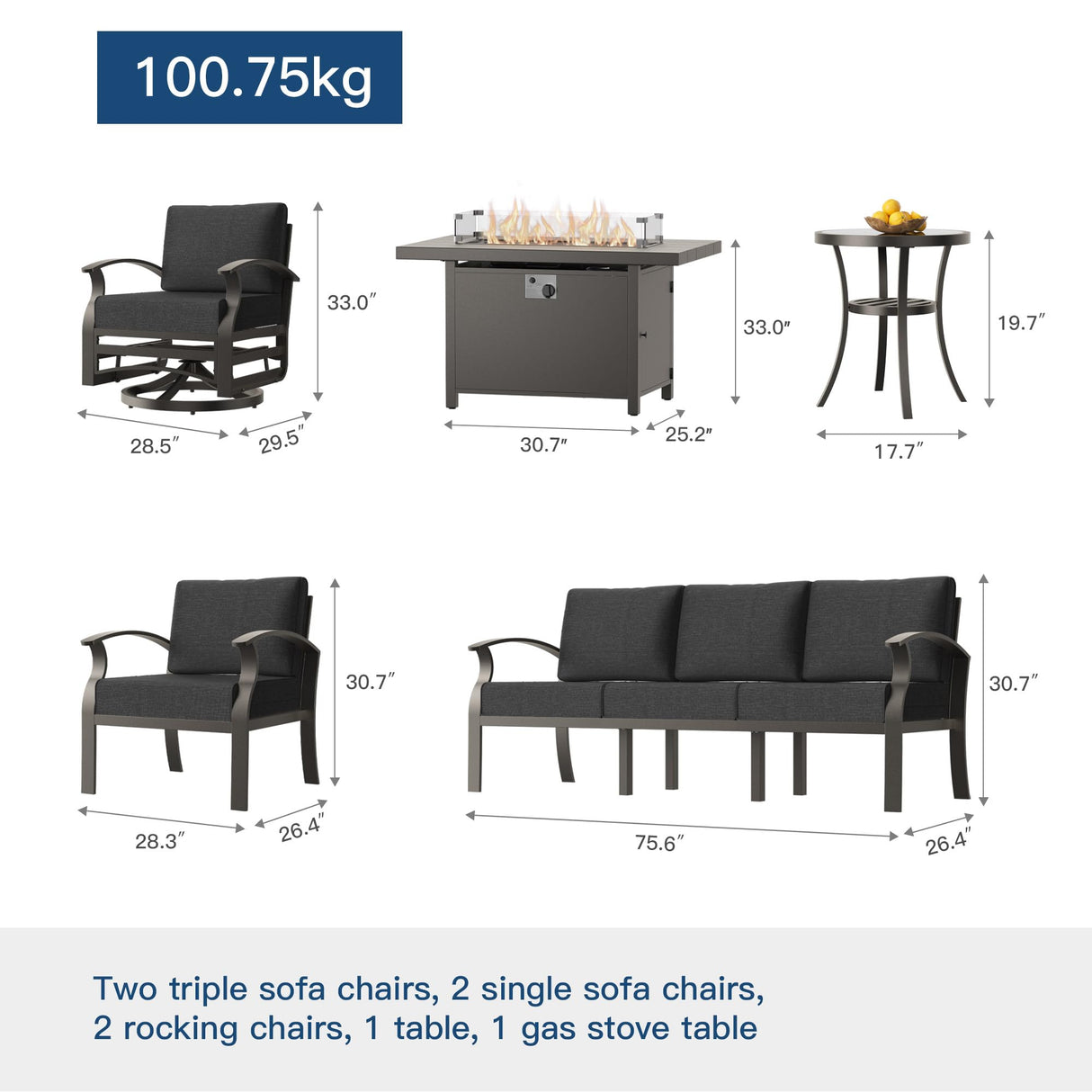 Kullavik Aluminum Patio Furniture Set,8 Pieces 10 Seat Metal Outdoor Furniture Conversation Set w/45 Propane Gas Fire Pit&Swivels,Black Kullavik