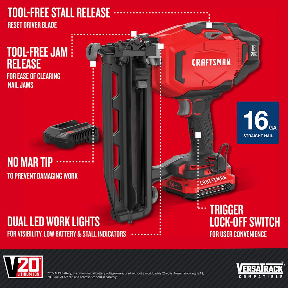 CRAFTSMAN V20 Cordless Finish Nailer Kit, Nail Gun, 16GA, 2-1/2 Nails, Battery and Charger Included (CMCN616C1) - WoodArtSupply