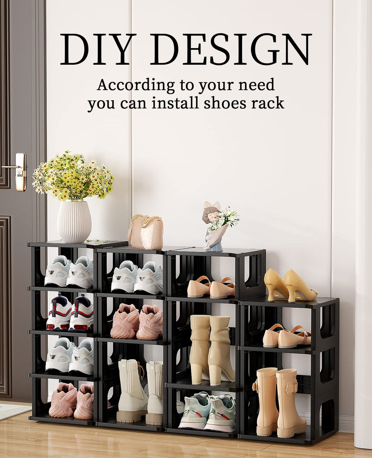 Shoe Organizer Rack for Small Spaces 5 Tier Plastic Vertical Narrow Shelves for Closet Black Shoe Holder, Stand for Entryway Storage Boots Organizer Stackable Cabinet HAIXIN
