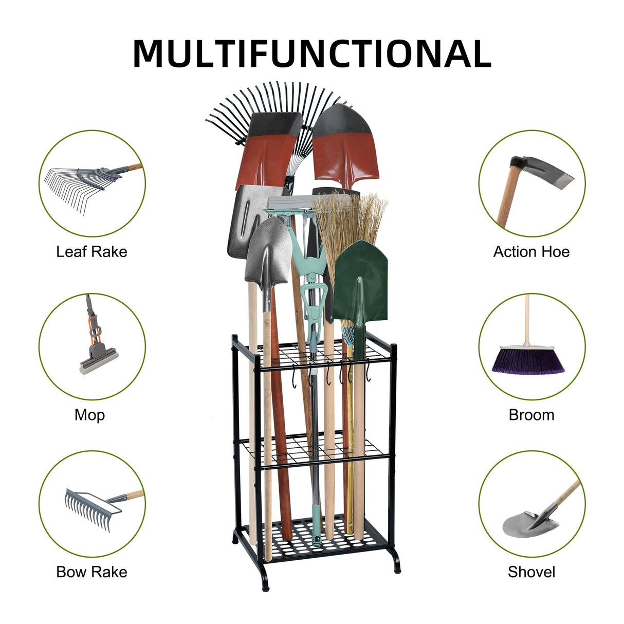 RANXFLOAT Garden Tool Organizer with Storage Hooks, Yard Tool Tower Rack for Garage Organization and Storage, Up to 35 Long-Handled Tools, Metal Tool Holder with 6 Hooks, Black RANXFLOAT
