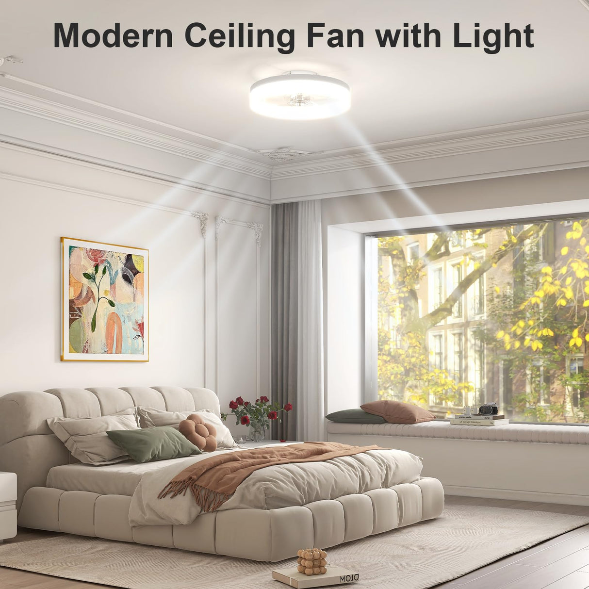 VOLISUN Low Profile Ceiling Fans with Lights and Remote,15.7in Modern Ceiling Fan Flush Mount, 3000K-6500K Dimmable Bladeless LED Fan Light,White Fandelier Ceiling Fans with Lights for Bedroom VOLISUN