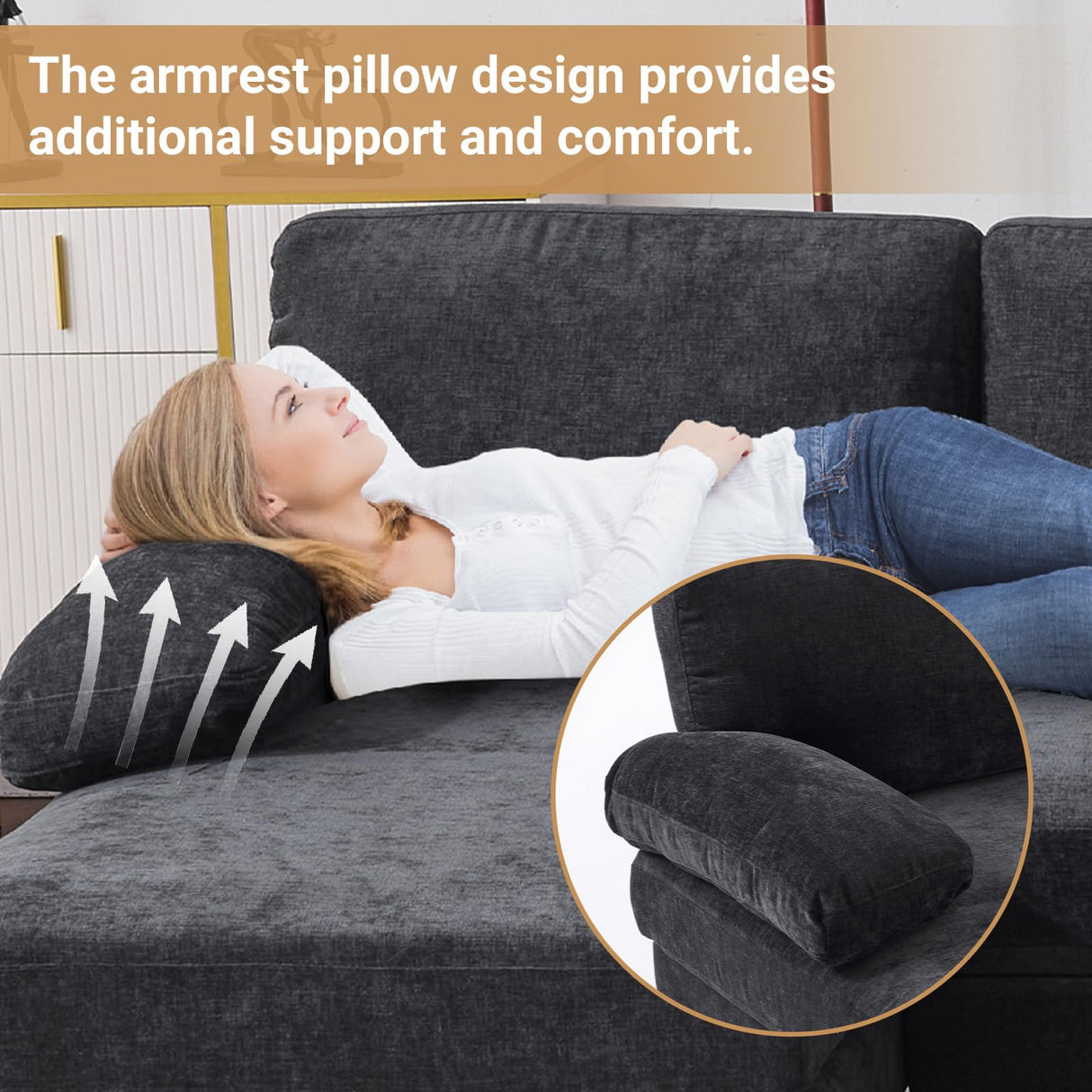 VINGLI 110" Sectional Couches for Living Room,U Shaped Couch with Double Chaise, 4-Seat Sofa Set with Chenille Fabric for Home Furniture,Black VINGLI