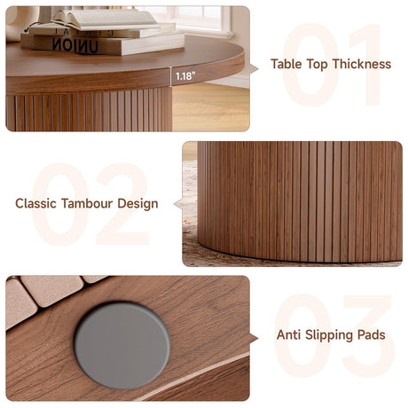 ONBRILL 31.5" Round Coffee Table, Tambour Design Coffee Tables for Living Room, Mid Century Modern Wood Coffee Table, Drum Accent Small Center Table, Walnut ONBRILL
