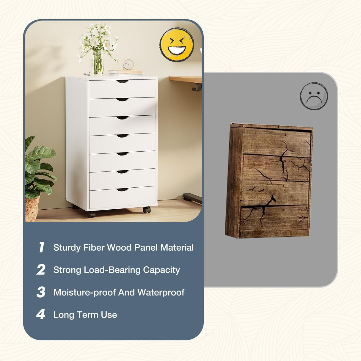 DUMOS 7 Drawer Vertical File Cabinet Mobile Filing Storage Dresser with Wheels Rolling Under Desk Printer Stand Wood Organizer for Office Home Bedroom, White DUMOS