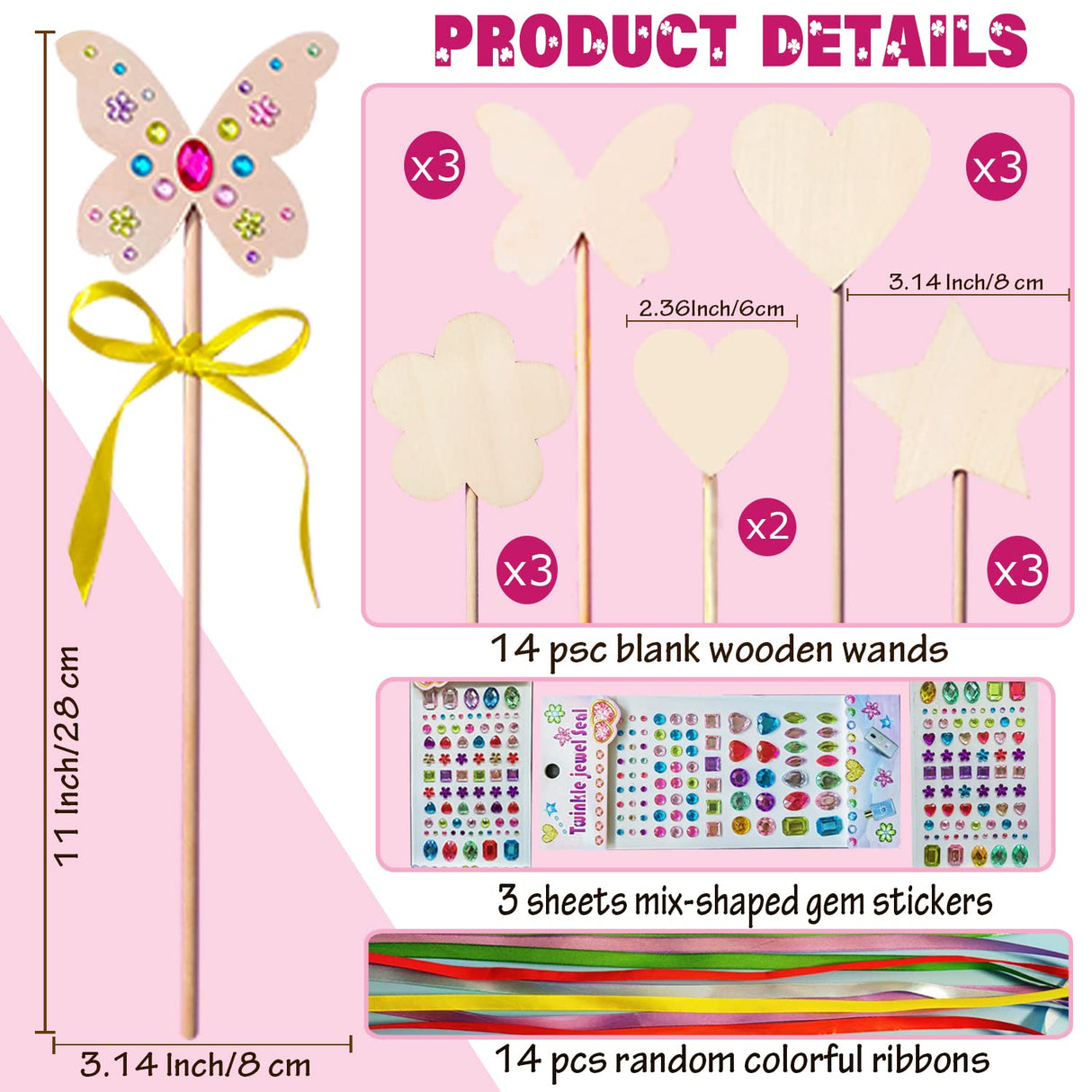 WUBOMJIO Princess Fairy Wands Craft Kit, Kid Birthday Party Supplies Make Your Own Magic Wands Include Unfinished Wooden Fairy Wands, Gem Stickers, Ribbons, Ideal for Kids 6+(14 PCS) WUBOMJIO