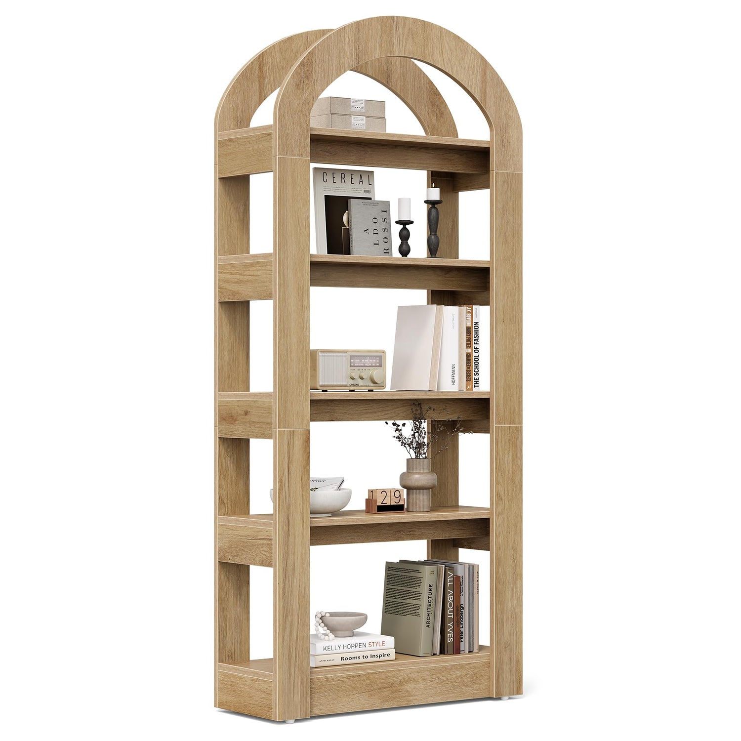 LITTLE TREE 5-Tier Bookshelf, Arch-Shaped Racks, Tall Standing Wooden ...