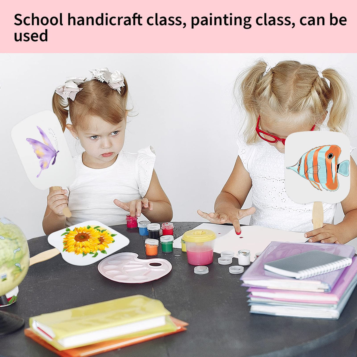 Fansunta 30 Pieces Church Fans Handheld Set, Including Fan Handle Craft Sticks Wavy Wooden Sticks, Blank White Cardstock, Double Sided Tape Church Fans for DIY Crafting Painting Fansunta