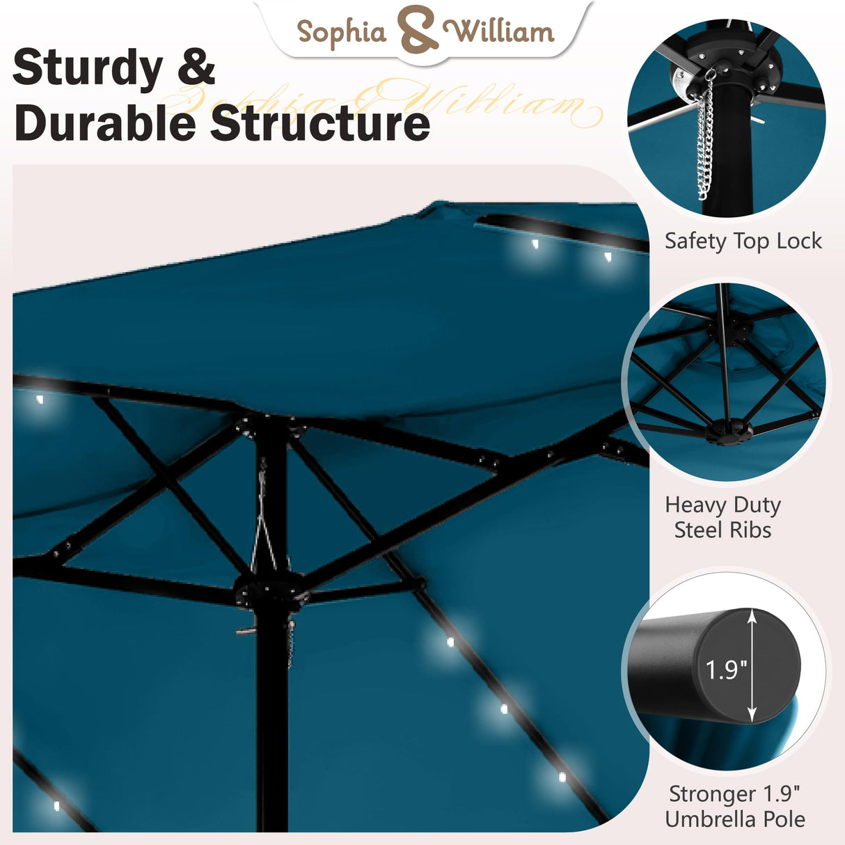 Sophia & William 15 ft Extra Large Patio Umbrella with Solar Lights, Rectangular Outdoor Umbrella with Base Included, Market Umbrella Double-sided Heavy Duty for Pool Garden Backyard, Cyan-blue Sophia & William