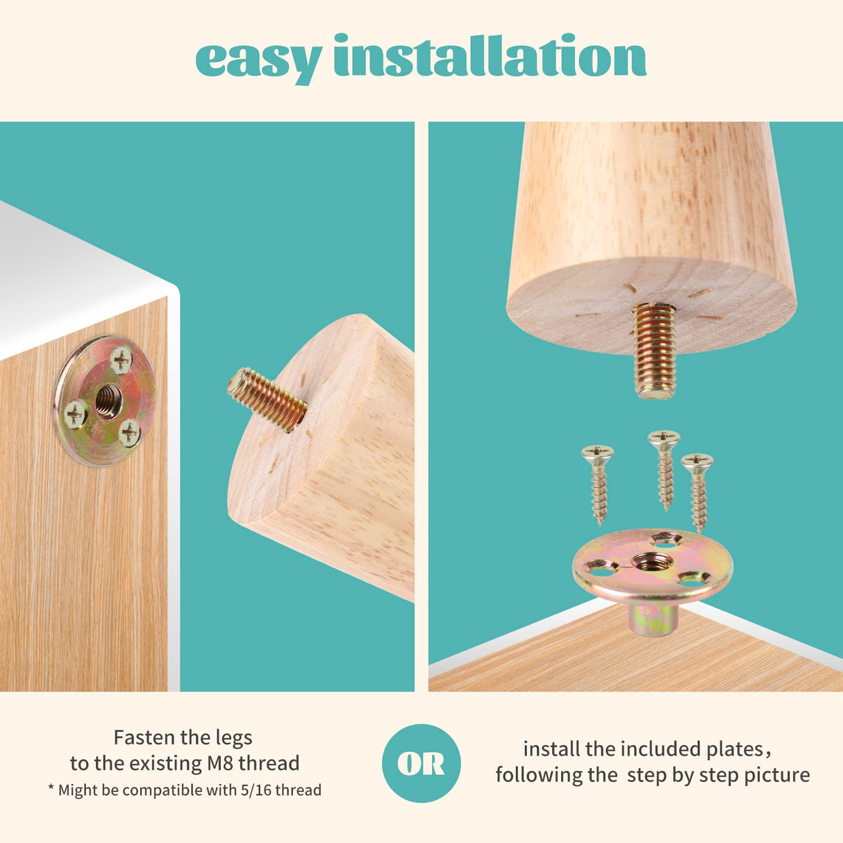 Txcucc 2" Round Solid Wood Furniture Leg Set of 4 Mid-Century Modern Sofa Couch Bed Coffee Chair Desk Straight Feet Legs with Pre-Drilled 5/16（M8） Inch Bolt& Screws& Rubber Pads… Txcucc