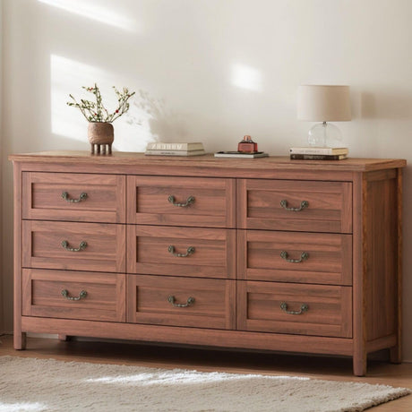 Gyfimoie Farmhouse 9 Drawer Dresser for Bedroom, 63" Wide Long Chest of Drawers with Deep Drawers & Vintage Handle, Storage Dresser Organizer, TV Stand for Bedroom, Living Room (Walnut) Gyfimoie