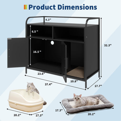 GarveeHome Cat Litter Box Enclosure with Metal Frame and Dual Storage Shelves, Modern Hidden Litter Box Furniture Indoor Cat House, Side Table Style Black GarveeHome