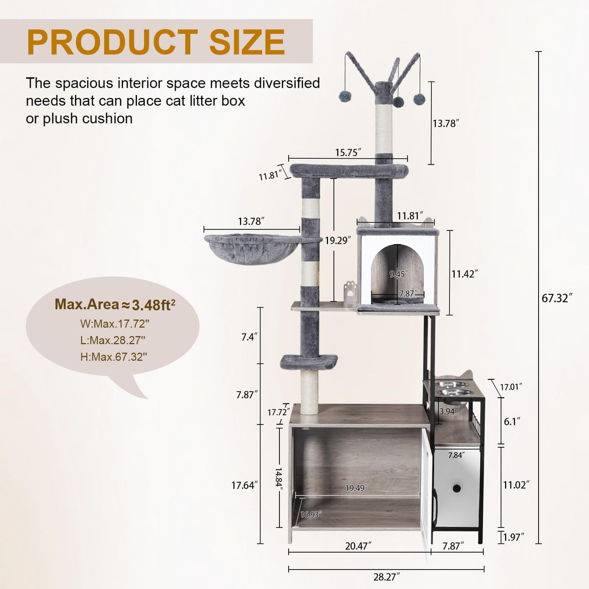 Snughome Cat Tree with Litter Box Enclosure, 3-in-1 Modern Cat Tower for Indoor Cats, 67.32’’ Hidden Cat Litter Box Furniture with Cat Condo, Food Station and Hammocks, All-in-one Cat Furniture Snughome