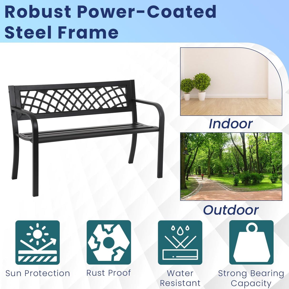 MGHH Outdoor Bench, Patio Garden Bench with Iron Steel Frame, Mesh Pattern, Metal Outside Bench for Park Porch Lawn Yard Balcony Path Entryway Deck,Black MGHH