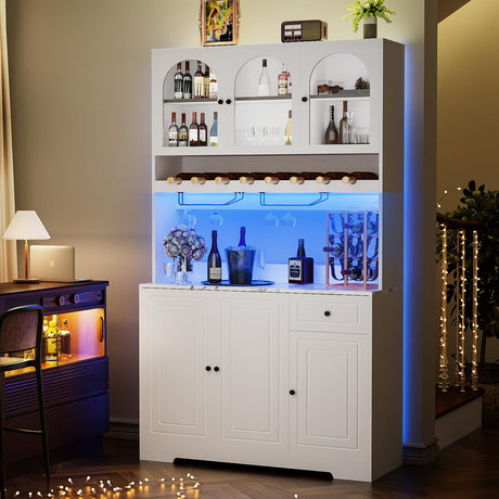 kepptory 72" Coffee Bar Cabinet w/Large Acrylic Wine Display Areas and LED, Wine Bar Cabinet with Long Rack, Storage Hutch, Faux Marble Countertop, for Home Dining Room Kitchen, White kepptory