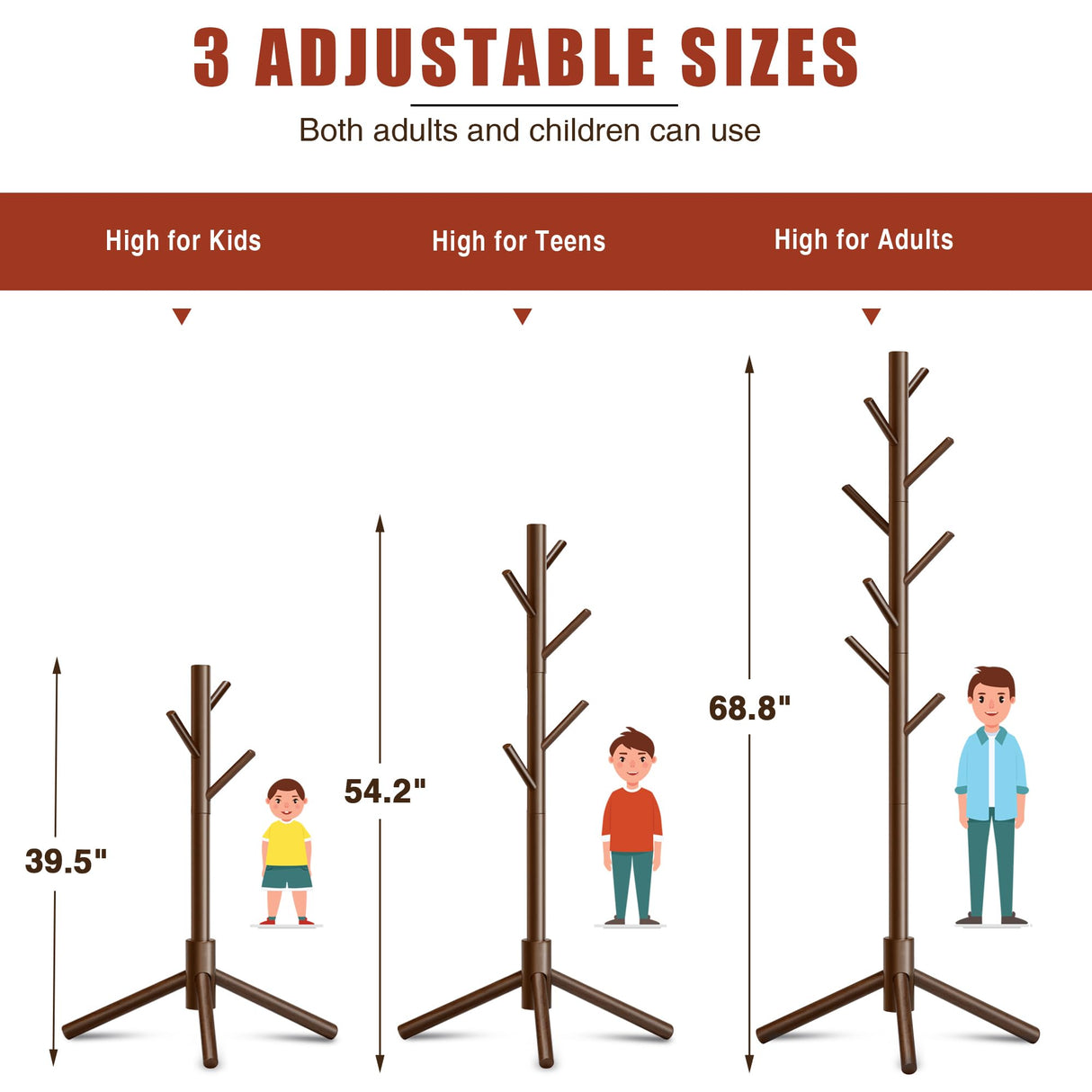 Azaeahom Wooden Coat Rack Stand, Free Standing Coat Rack with 8 Hooks 3 Adjustable Heights for Clothes, Hats, Handbags, Coat Tree Easy Assembly for Entryway, Bedroom, Hallway, Office (New Brown) Azaeahom