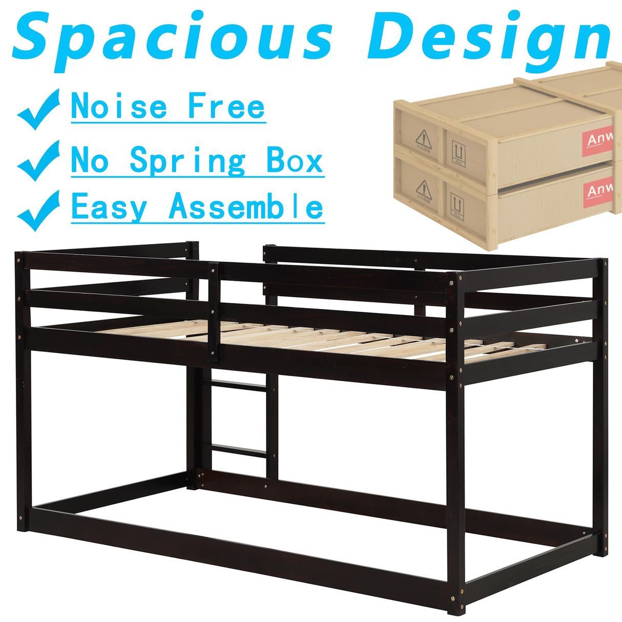 Anwick Twin Over Twin Low Bunk Bed with Stairs and Rails, Wooden Bunk Beds Frame with Safety Guardrail and Slats for Toddlers, Kids, Teens, Boys, Girls, Noise-Free (Espresso, Loft) Anwick