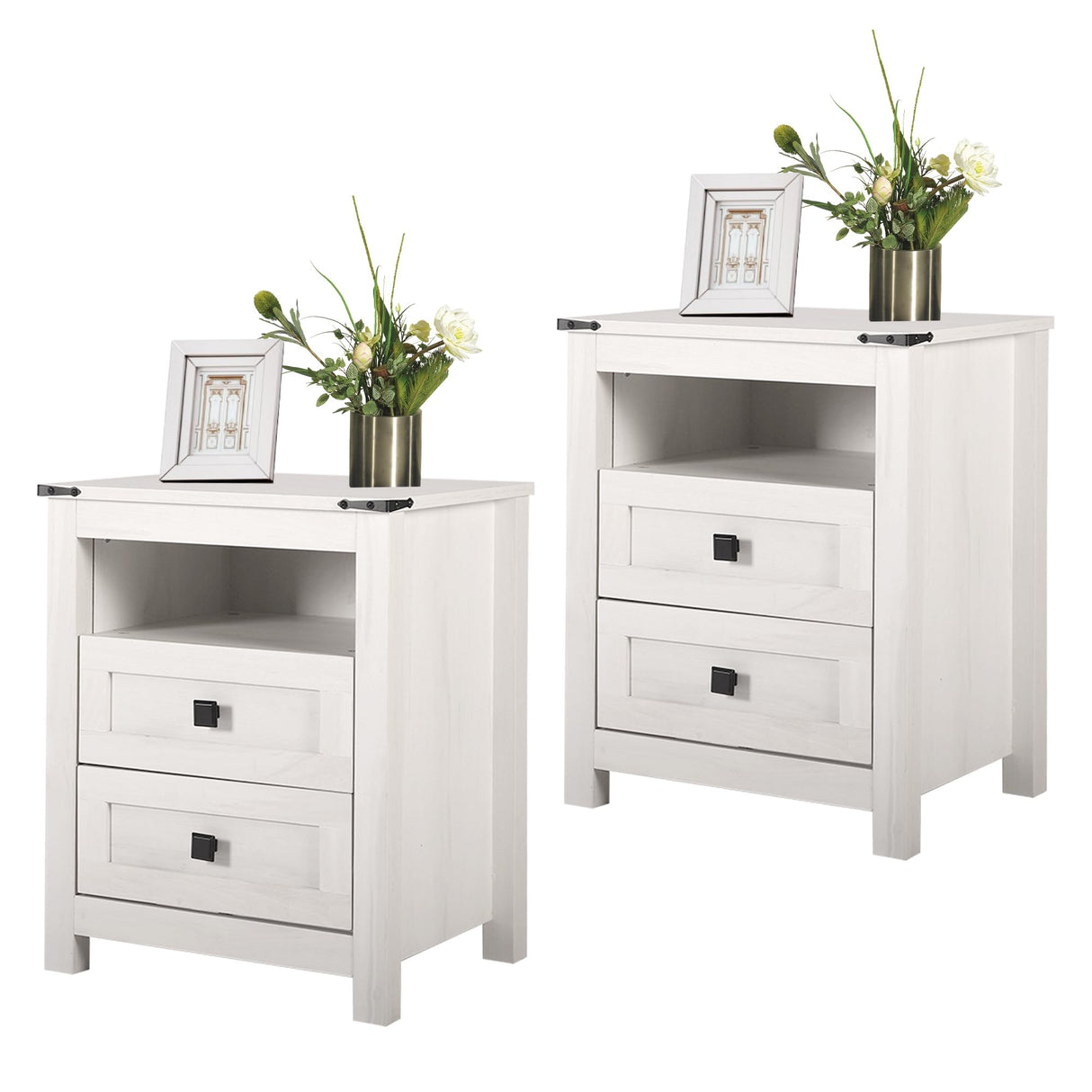 BTDWI Farmhouse Nightstand Set 2, Wood Side Table with Drawers and Storage Shelf, Square End Table for Bedroom, Light Beige Rustic Oak BTDWI