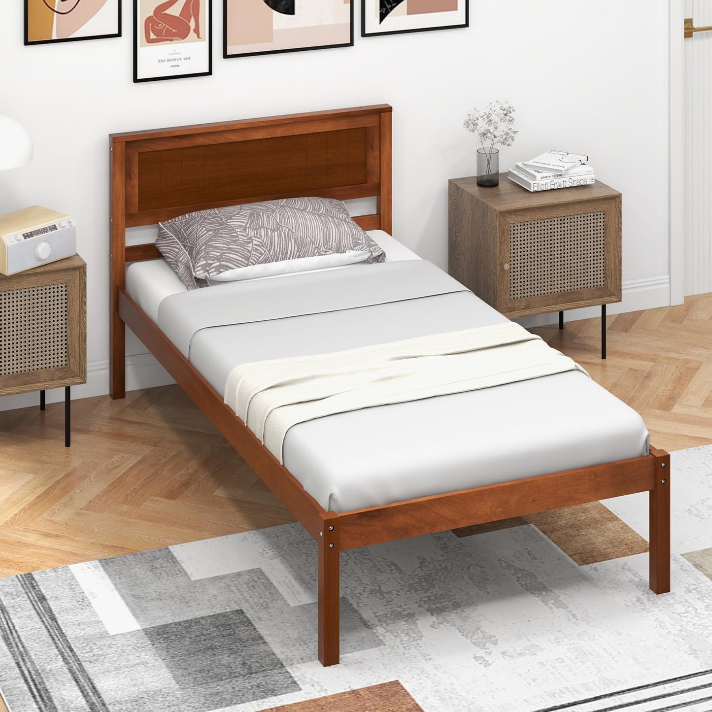 Giantex Wood Twin Platform Bed with Headboard, Mid Century Solid Wood Bed Frame with Wood Slat Support, Wooden Mattress Foundation with 12" Under Bed Storage for Bedroom, Easy Assembly, Walnu - WoodArtSupply